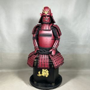 Matte Burgundy Japanese-Style Samurai Ghost Mask Helmet Display Set for Exhibition Halls