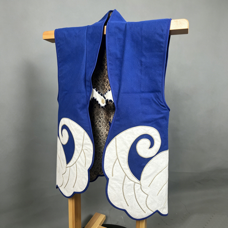 Japanese-Style Jinbaori-Inspired Wave Embroidery Vest, Blue Base, White Cloud Appliqué, Wave Hem - Image 4