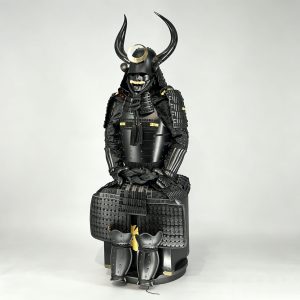 Japanese-Style Samurai Kabuto Helmet Replica, Black and Gold Crescent Horn Crest, Display Decor