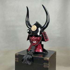Japanese Sengoku-Period Style Ox Horn Kabuto Helmet with Red Hannya Demon Face Mask, Display Ornament