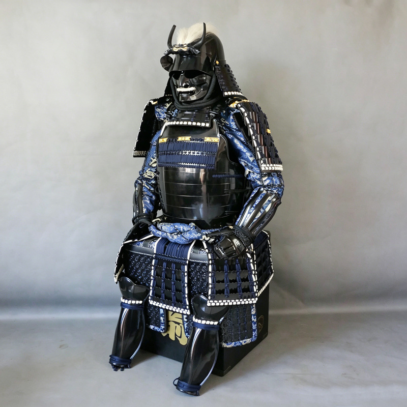 Japanese-style Navy Blue Floral Fabric Ghost Horn Samurai Armor Replica, Wearable Display Suit - Image 2