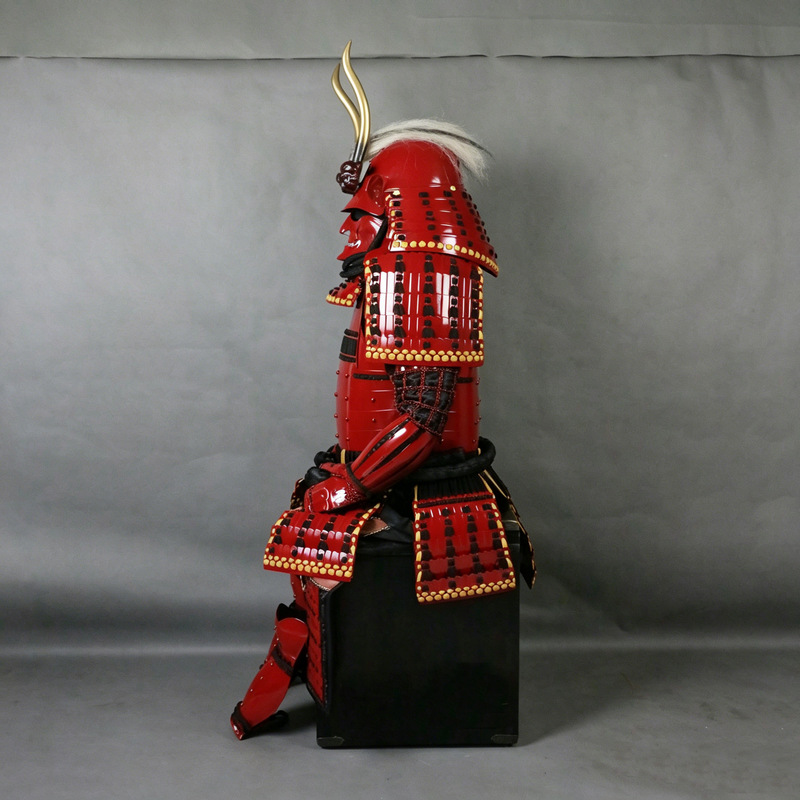 Handmade Double-Horned Samurai-Style Helmet with Red-Painted Finish and Ghost Face Design - Image 2