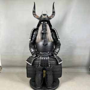 Japanese-Style Wearable Horned Demon Mask, Handmade Black Iron Samurai-Style Display Armor