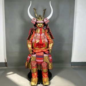 Japanese-style Gilded Brocade Samurai Armor Replica with White Horn Kabuto Helmet, Sengoku-inspired Display Model