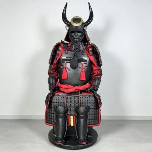 Japanese-style Horned Samurai Helmet Replica, Red and Black Iron Finish, Floor-standing Display Prop