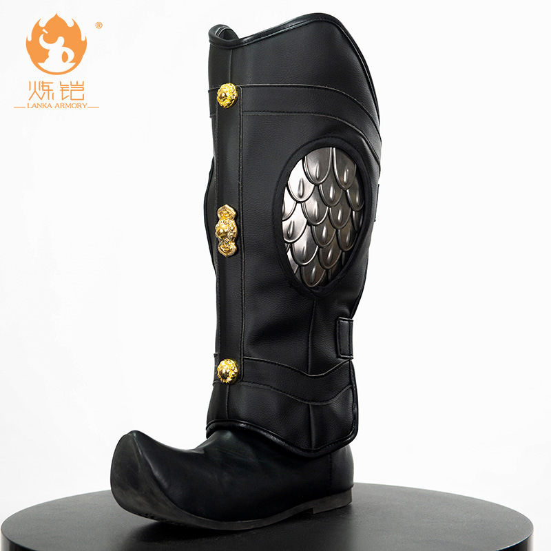 Chinese-Style Fish Scale Leg Armor Greaves, Handmade Leather Film Prop, Black-Red Trim - Image 2