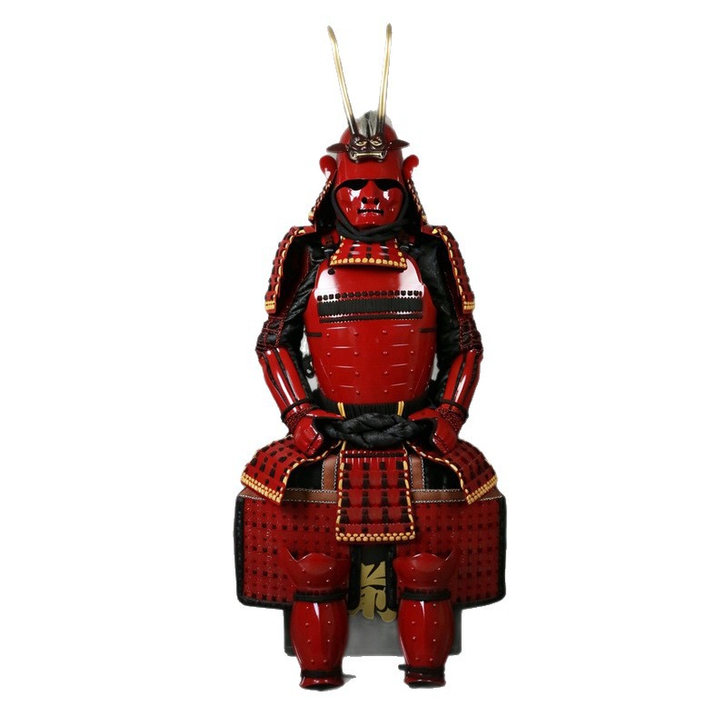 Handmade Double-Horned Samurai-Style Helmet with Red-Painted Finish and Ghost Face Design - Image 5