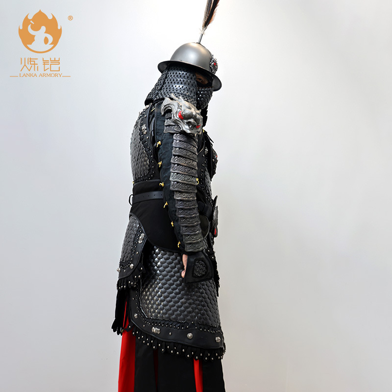 Black Wave-Patterned Split Armor Wearable General Costume, Tang & Ming-inspired Cosplay Suit - Image 4