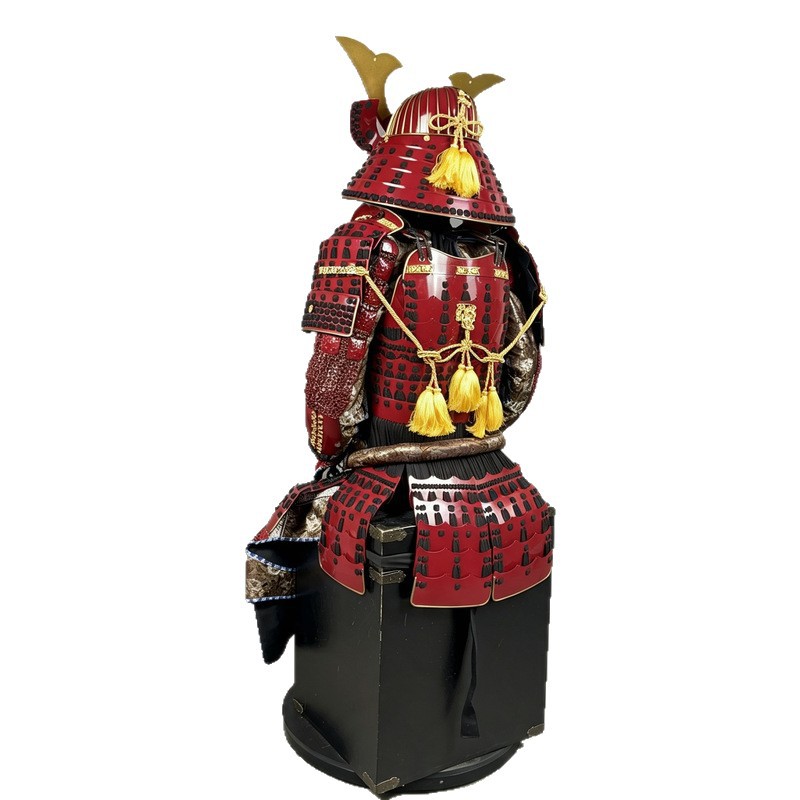Bright Red Japanese Samurai Armor Replica with Gold Maedate and Suneate, Classical Display Suit - Image 5