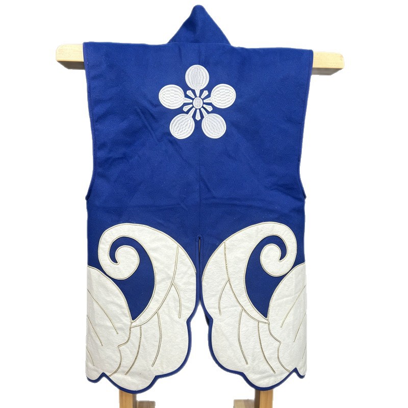 Japanese-Style Jinbaori-Inspired Wave Embroidery Vest, Blue Base, White Cloud Appliqué, Wave Hem - Image 5