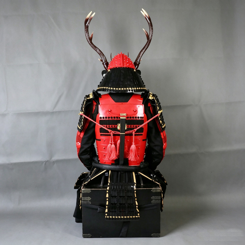 Japanese Sengoku-Period Warlord-Style Samurai Armor, Red Wearable Replica with Wooden Storage Box - Image 4