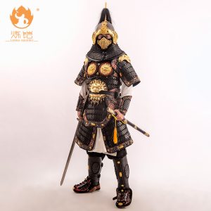 Film & Television Lamellar Armor Prop Set, 26-Piece Black Brocade Silver Split Armor, Wearable Metal Display Replica
