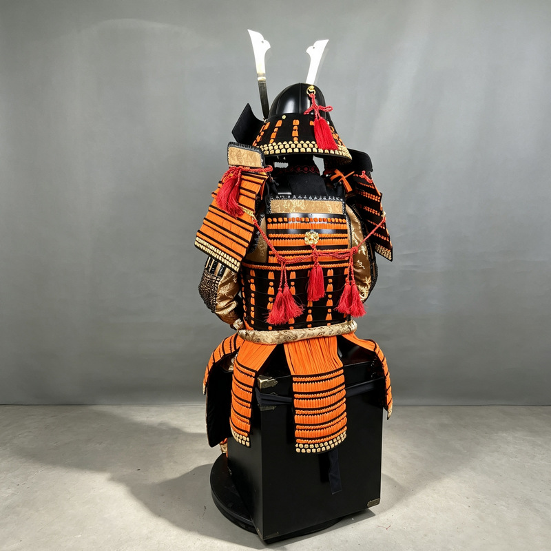 Orange and Black Japanese-style Warring States Samurai Armor Display Statue - Image 4