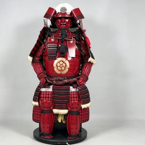 Japanese-style Sengoku Red Lacquer Samurai Armor Set with Golden Family Crest, Display Replica
