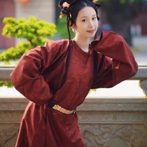 Women's round-collar robe volume-style round-collar robe subtle-pattern women's round-collar robe restored dark-red women's round-collar robe