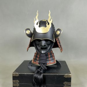 Flame-shaped Golden Japanese Samurai Kabuto Helmet Replica with Full-Face Menpo, Display Craft Piece