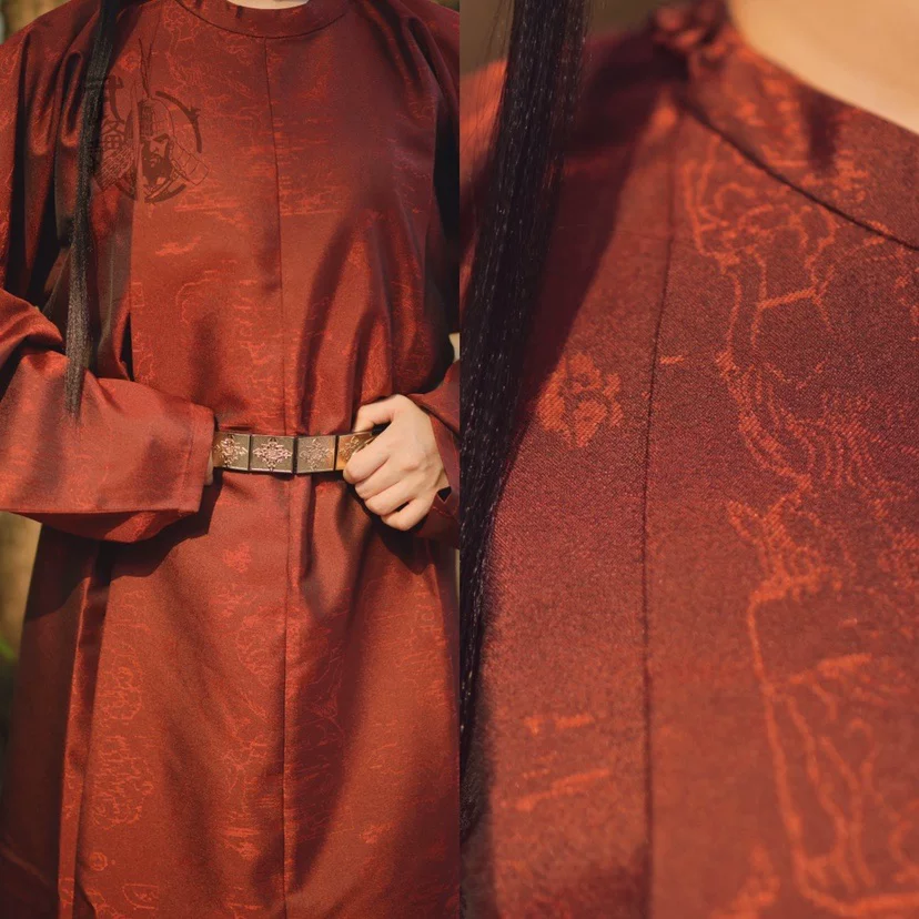 Women's round-collar robe volume-style round-collar robe subtle-pattern women's round-collar robe restored dark-red women's round-collar robe - Image 4