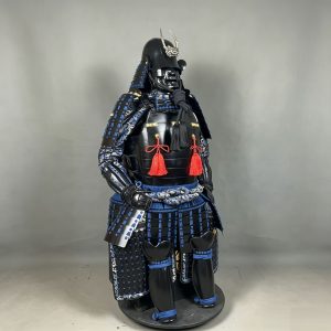 Black and Blue Japanese-Style Samurai Armor Display Prop with Silver Animal Horns and Ghost Face