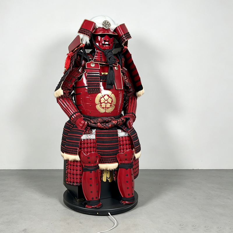Japanese-style Sengoku Red Lacquer Samurai Armor Set with Golden Family Crest, Display Replica - Image 2