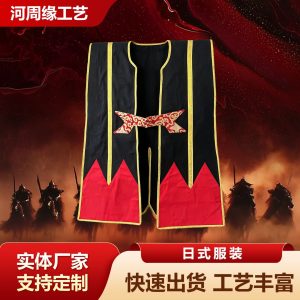 Japanese-Style Jinbaori-Inspired Priest Long Vest, Black and Red with Gold Trim, Sleeveless Festival Cosplay Costume
