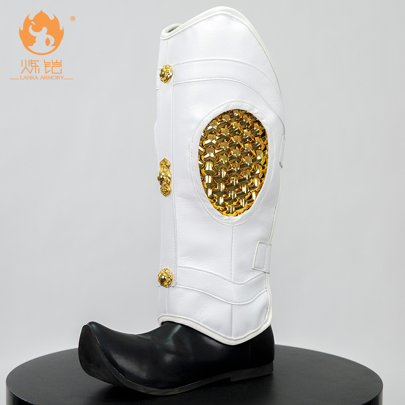 Chinese-Style Fish Scale Leg Armor Greaves, Handmade Leather Film Prop, Black-Red Trim - Image 4