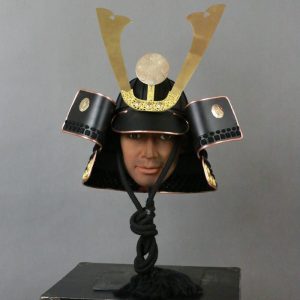 Japanese-Style Samurai Helmet Display Replica, Iron Construction, Wooden Box Packaging for Exhibition and Film Decoration