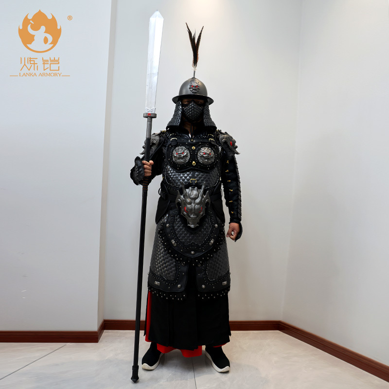 Black Wave-Patterned Split Armor Wearable General Costume, Tang & Ming-inspired Cosplay Suit - Image 2