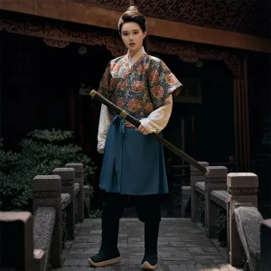 Original Tang Hanfu Cross-Collar Zhuanghua Confronting-Birds Beizi / Banbi Round-Collar Set