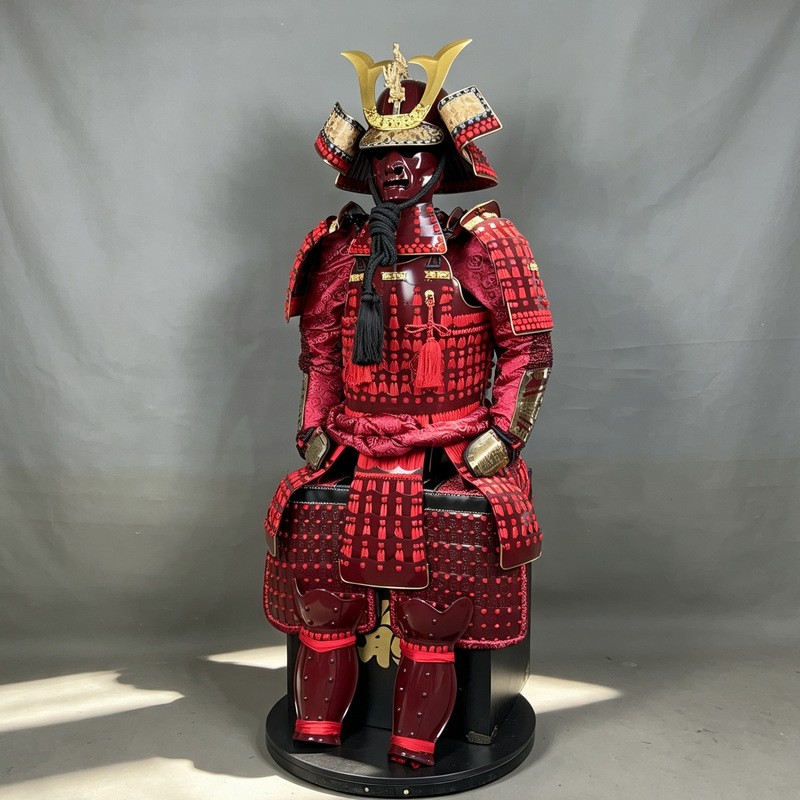 Burgundy Japanese-style Samurai Armor Display Replica, Iron Construction, Wooden Crate Packaging - Image 3
