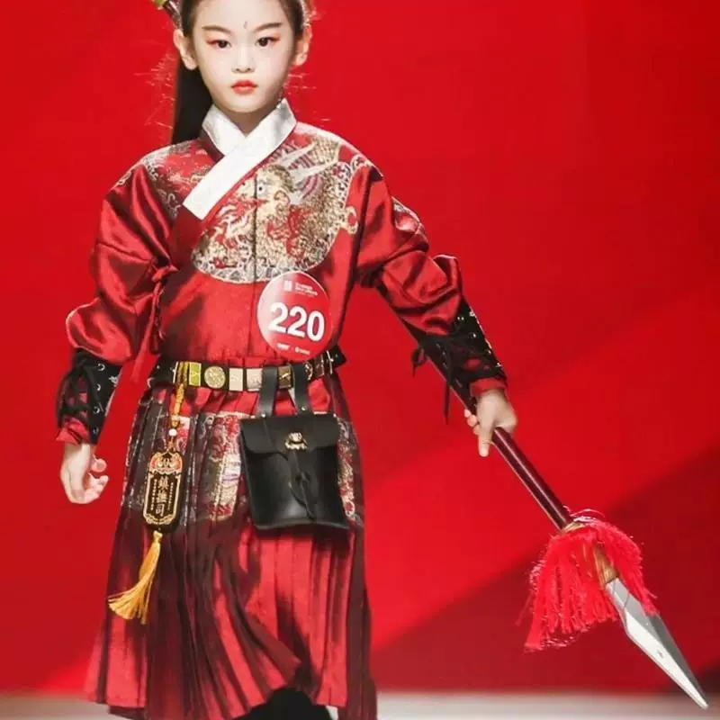 Ming-Style Kids Gold-Woven Zhuanghua Feiyufu, Jinyiwei Hanfu Yesa/Tieli Grand Ceremony Runway Look - Image 2